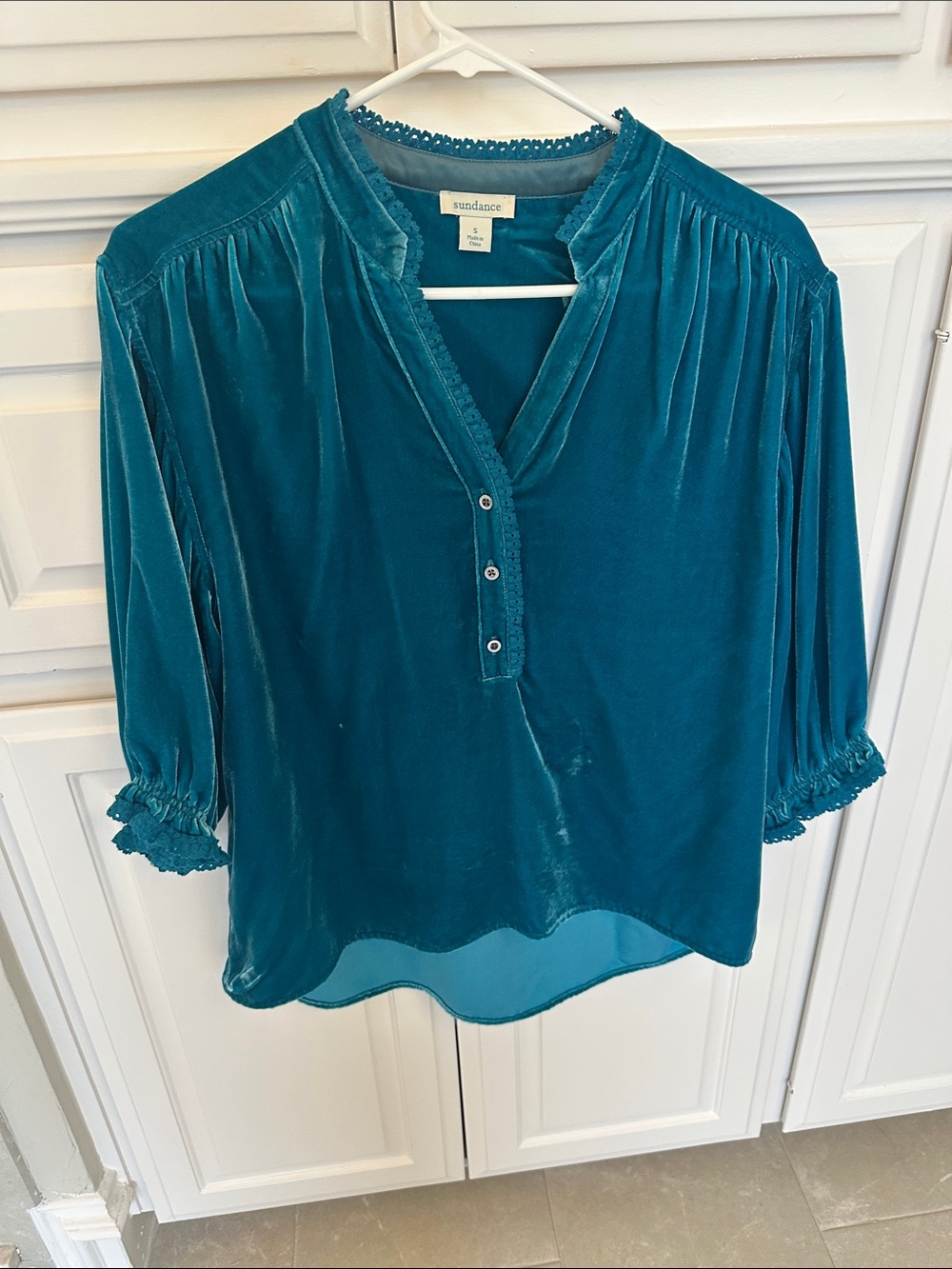 Sundance Teal Velvet Henley Blouse with Ruffle Trim